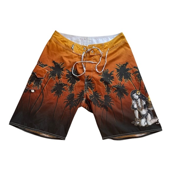 Rare Vintage Lost Enterprises Board Shorts Tropical Scene w/Anime Girl Size 32 - Picture 1 of 7